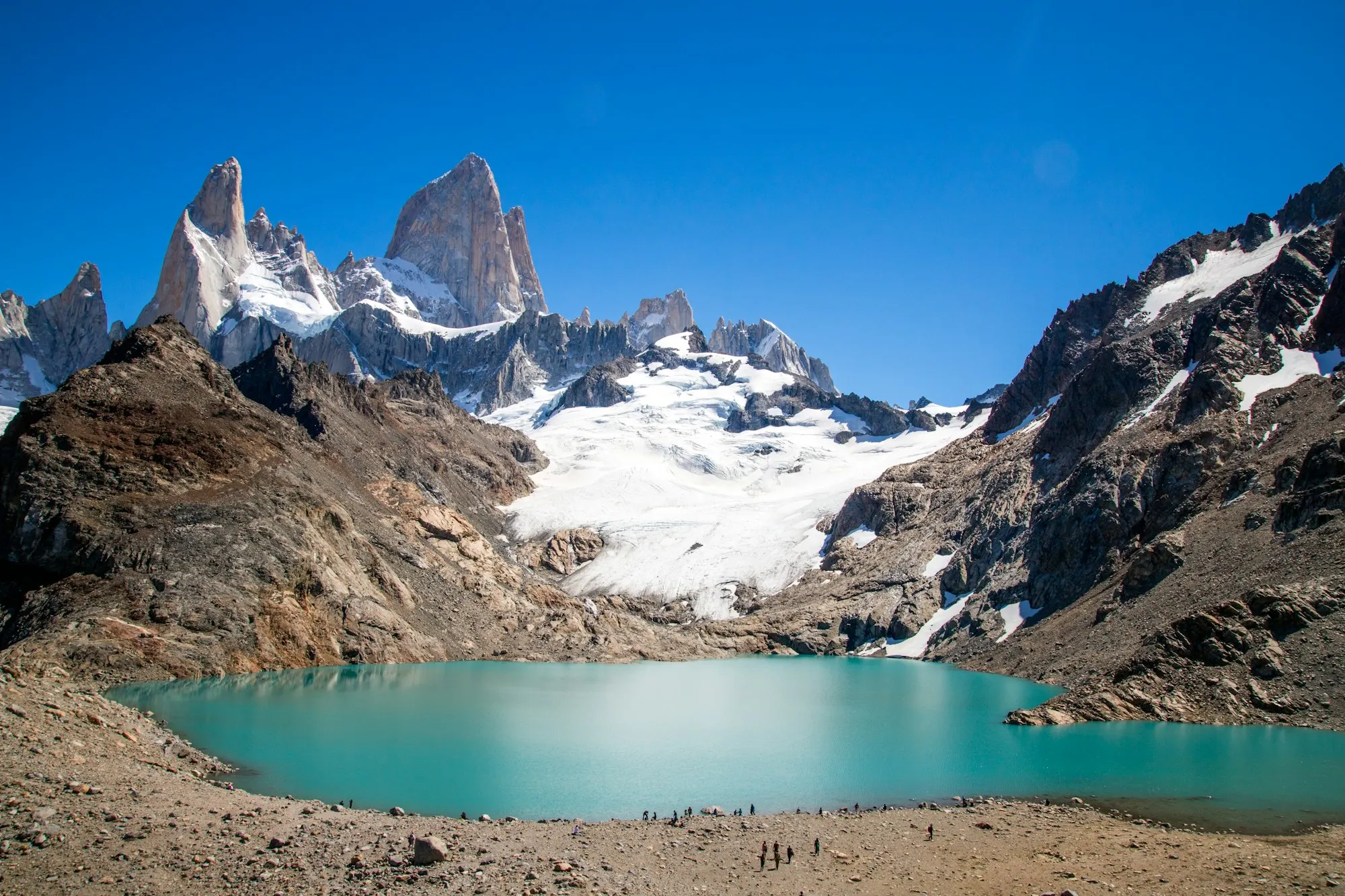 Mount Fitz Roy above a turquoise glacial lake in Patagonia, Argentina