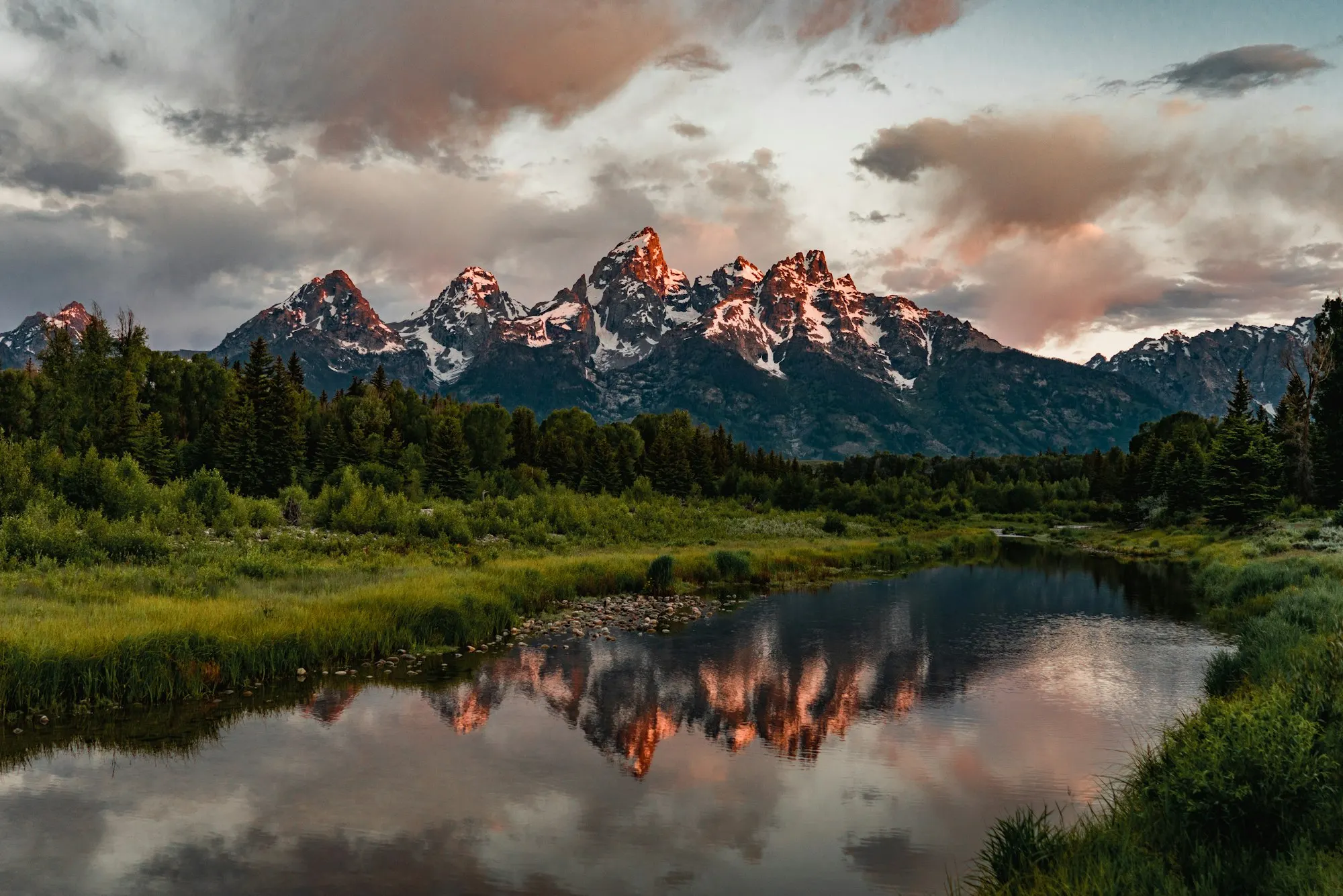 Pine trees by a lake below snow-covered mountains near Jackson, Wyoming